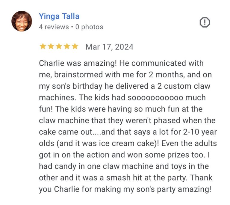 Review with profile pic of lady with robot party rainy day Claw machine in Plano, TX